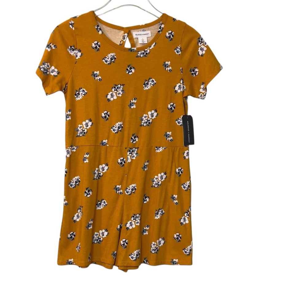Melrose & Market Girls Size XL/14-16 Yellow Black Floral Romper Keyhole Back NEW